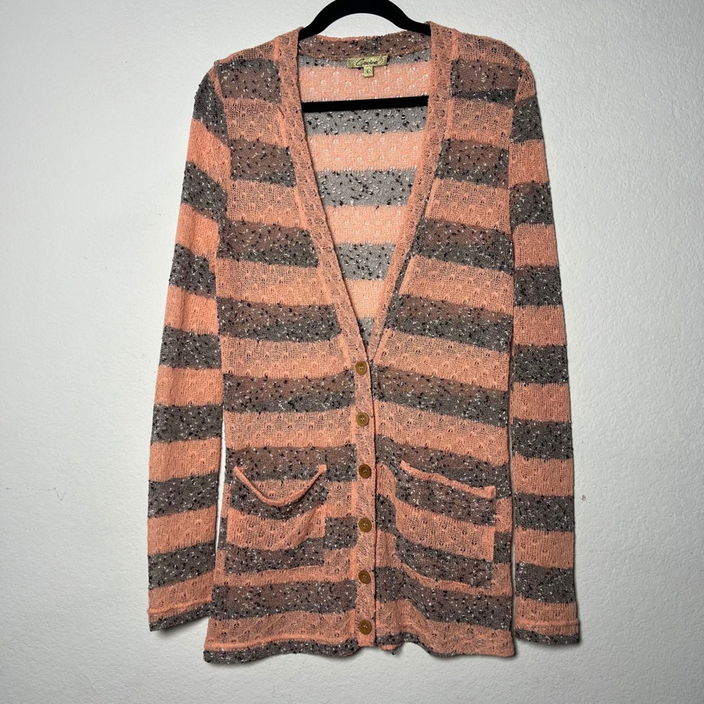 Cardigan Sweater Large Peach Gray Womens Boho Striped Pointelle Knit Button Up